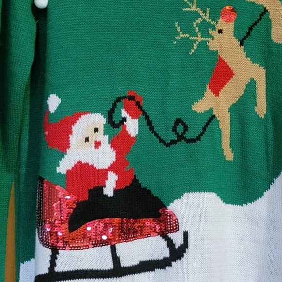 Santa Sequin Sleigh Christmas Sweater Green Holiday Time XL - Picture 6 of 8